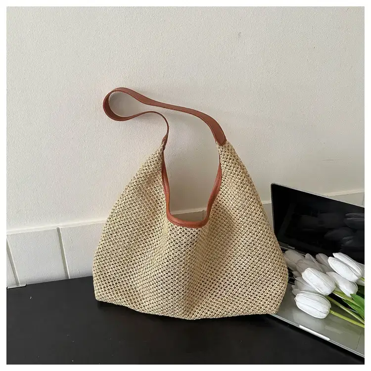 Beige Woven Women's Shoulder Tote Bag for Beach Travel — feature 20