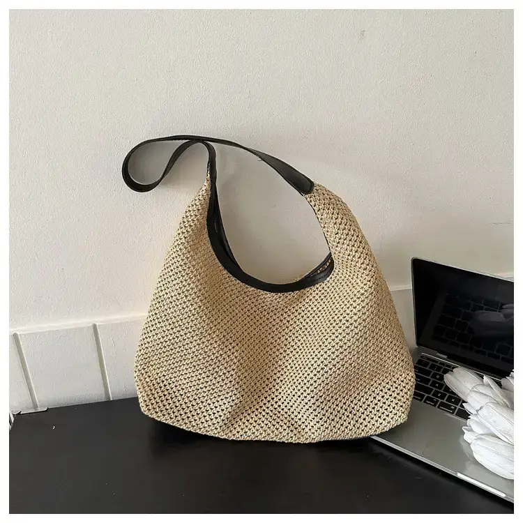 Beige Woven Women's Shoulder Tote Bag for Beach Travel — feature 21