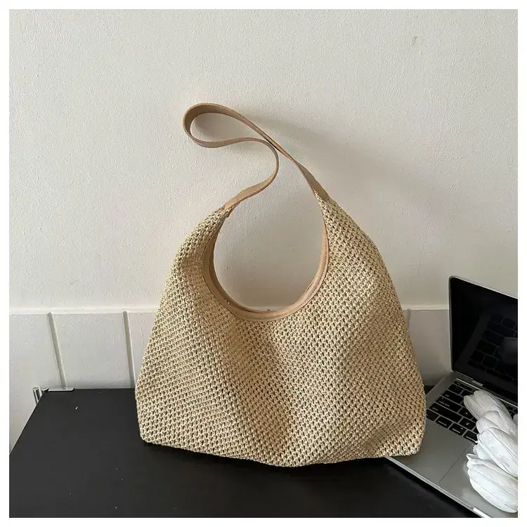 Beige Woven Women's Shoulder Tote Bag for Beach Travel — feature 22