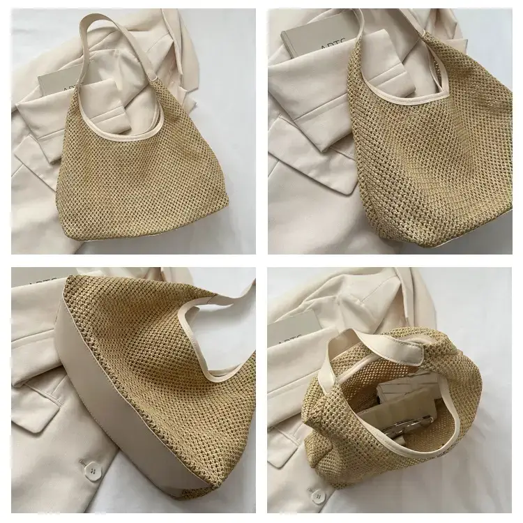Beige Woven Women's Shoulder Tote Bag for Beach Travel — feature 6