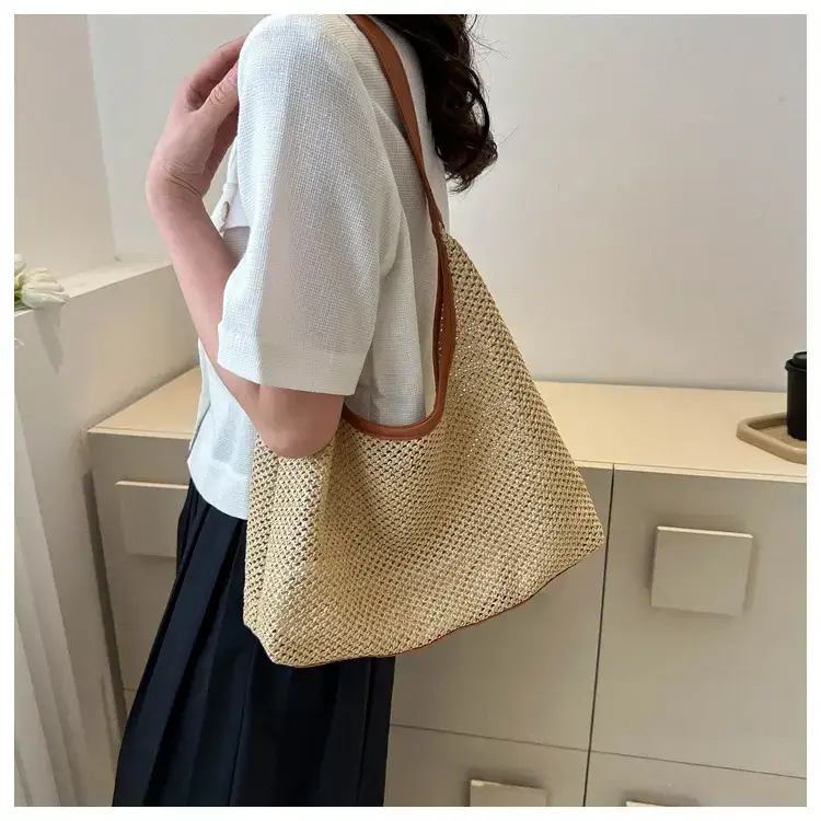 Beige Woven Women's Shoulder Tote Bag for Beach Travel — feature 9