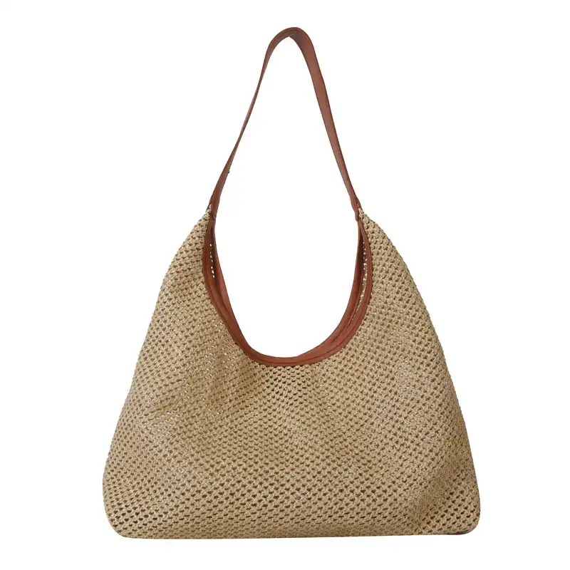 Beige Woven Women's Shoulder Tote Bag for Beach Travel