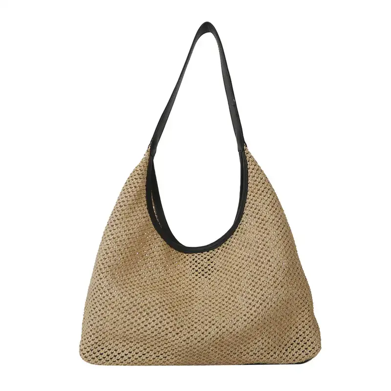 Beige Woven Women's Shoulder Tote Bag for Beach Travel