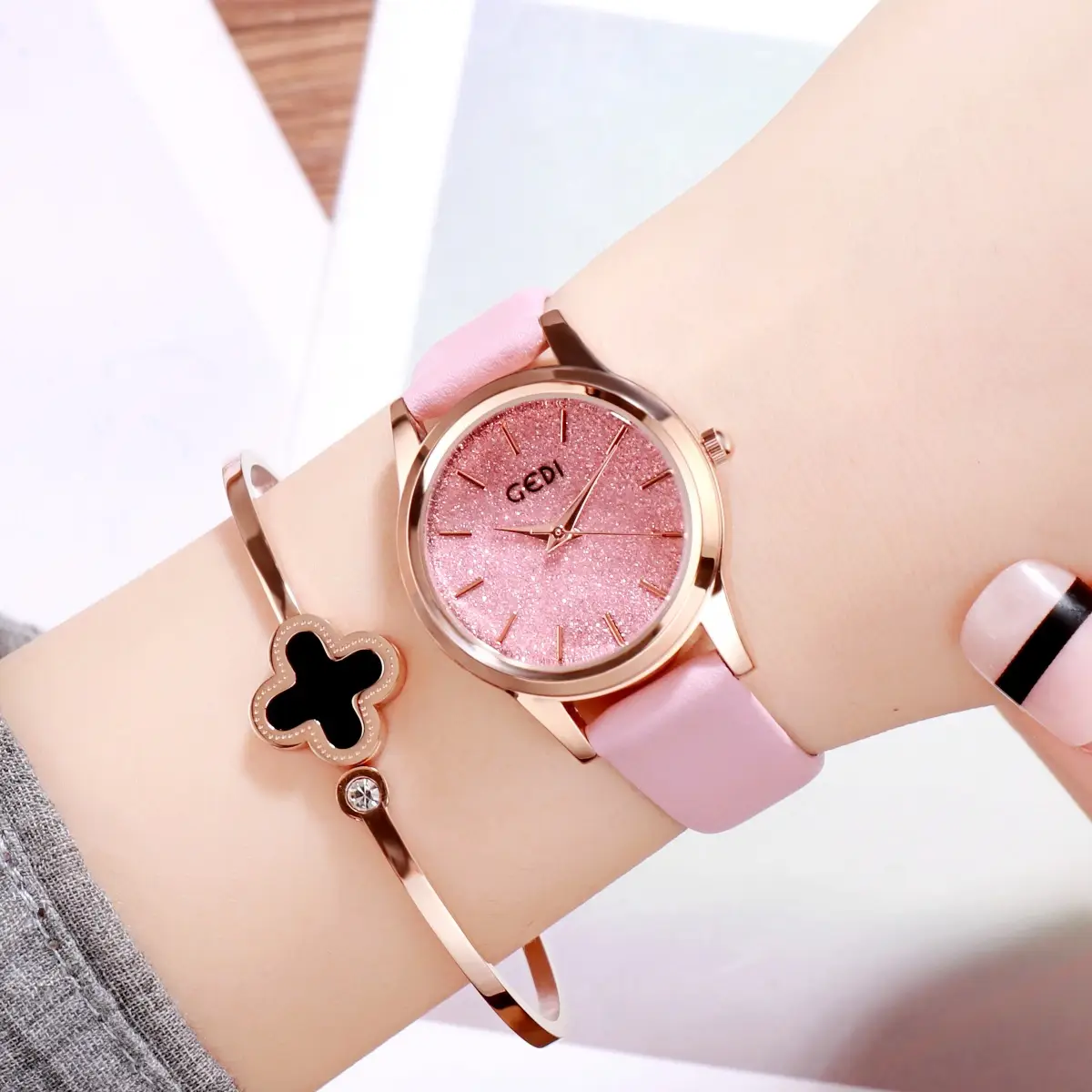 Goldie Women's Pink Glitter Quartz Watch with Rose Gold Band - Image 2