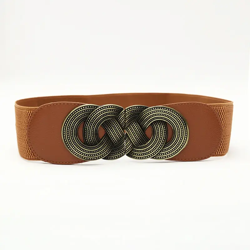 Women's Brown Leather Belt with Embroidered Buckle - Image 2