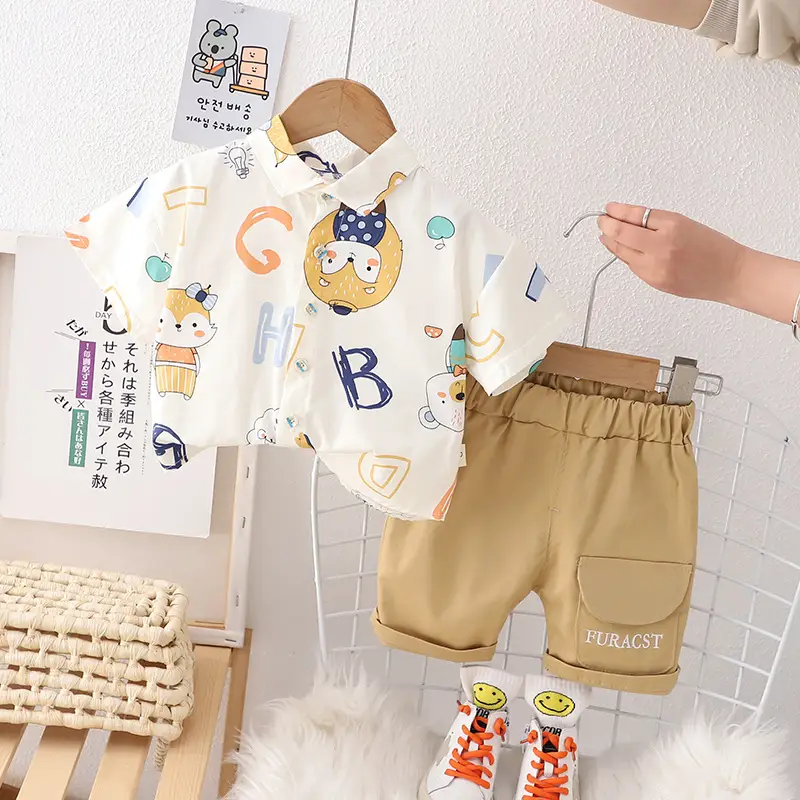 Kids Cotton T-Shirt Shorts Set Summer Blue Brown
