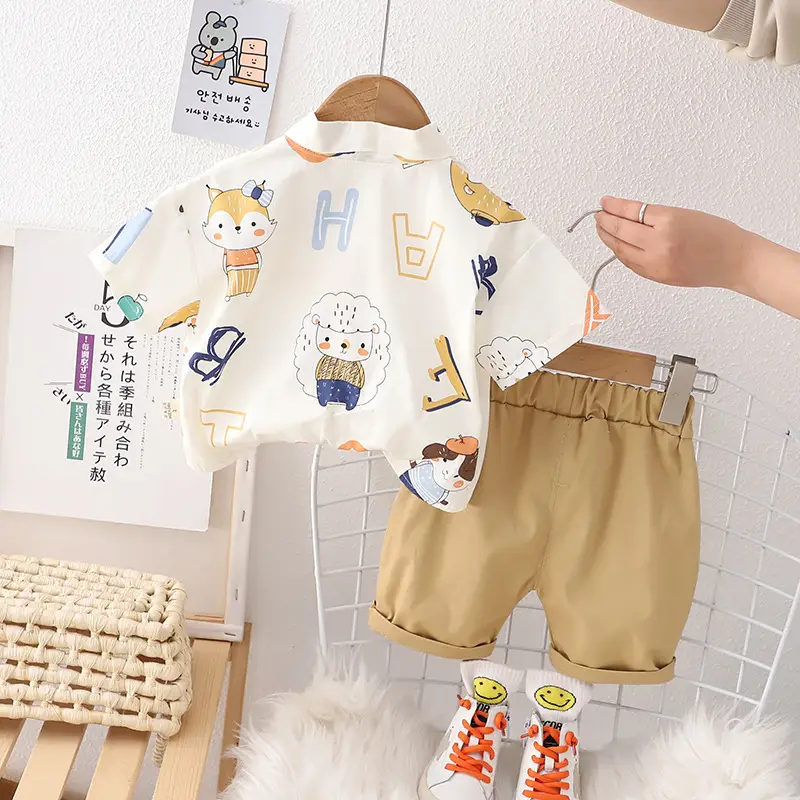 Kids Cotton T-Shirt Shorts Set Summer Blue Brown