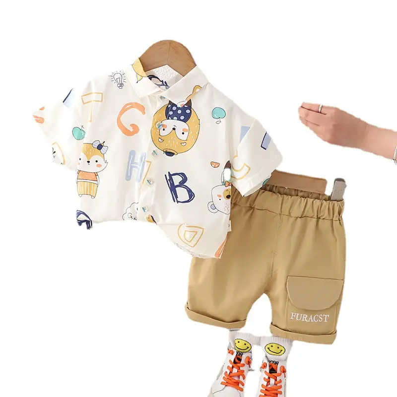 Kids Cotton T-Shirt Shorts Set Summer Blue Brown