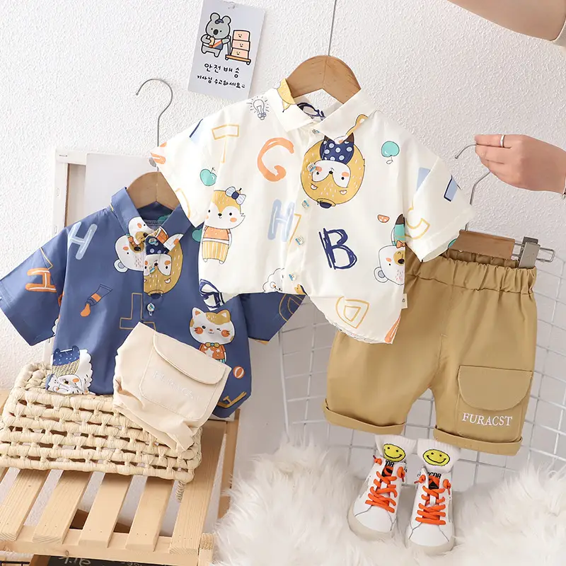 Kids Cotton T-Shirt Shorts Set Summer Blue Brown — feature 3