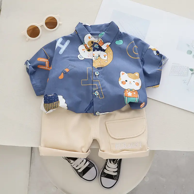 Kids Cotton T-Shirt Shorts Set Summer Blue Brown — feature 5