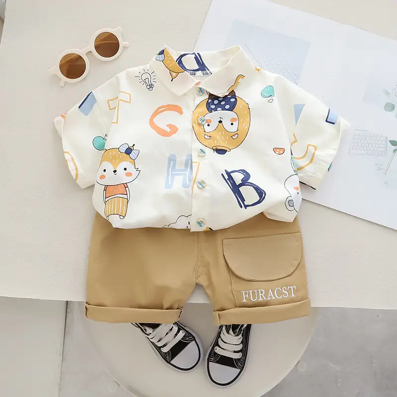 Kids Cotton T-Shirt Shorts Set Summer Blue Brown — feature 6
