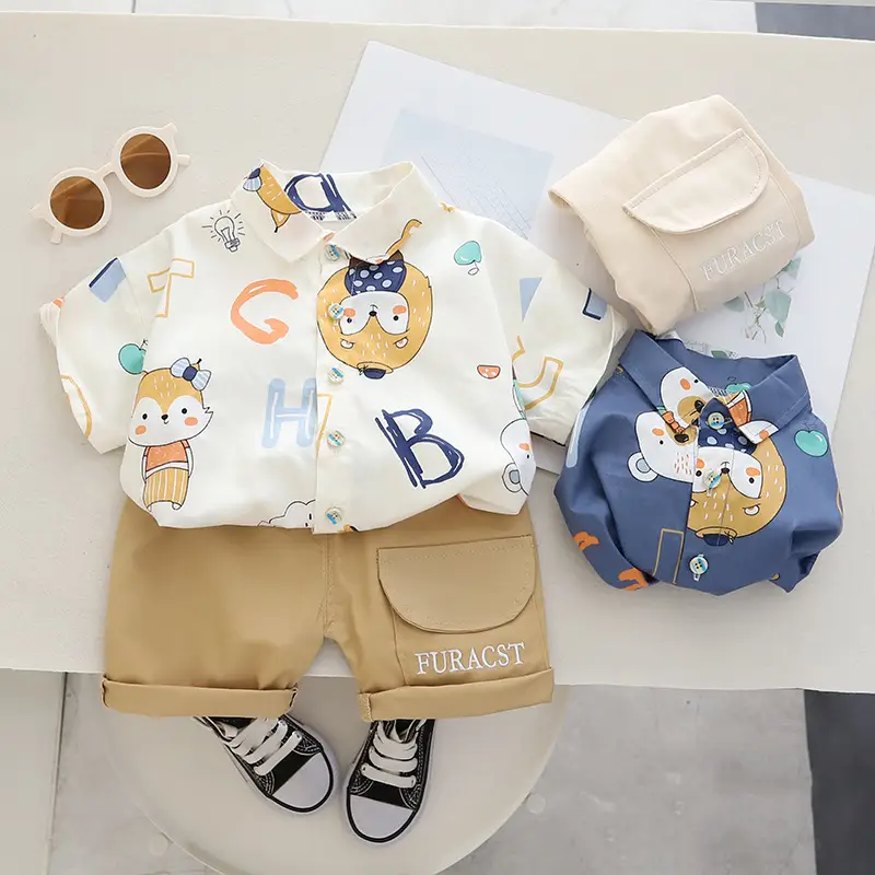 Kids Cotton T-Shirt Shorts Set Summer Blue Brown — feature 7