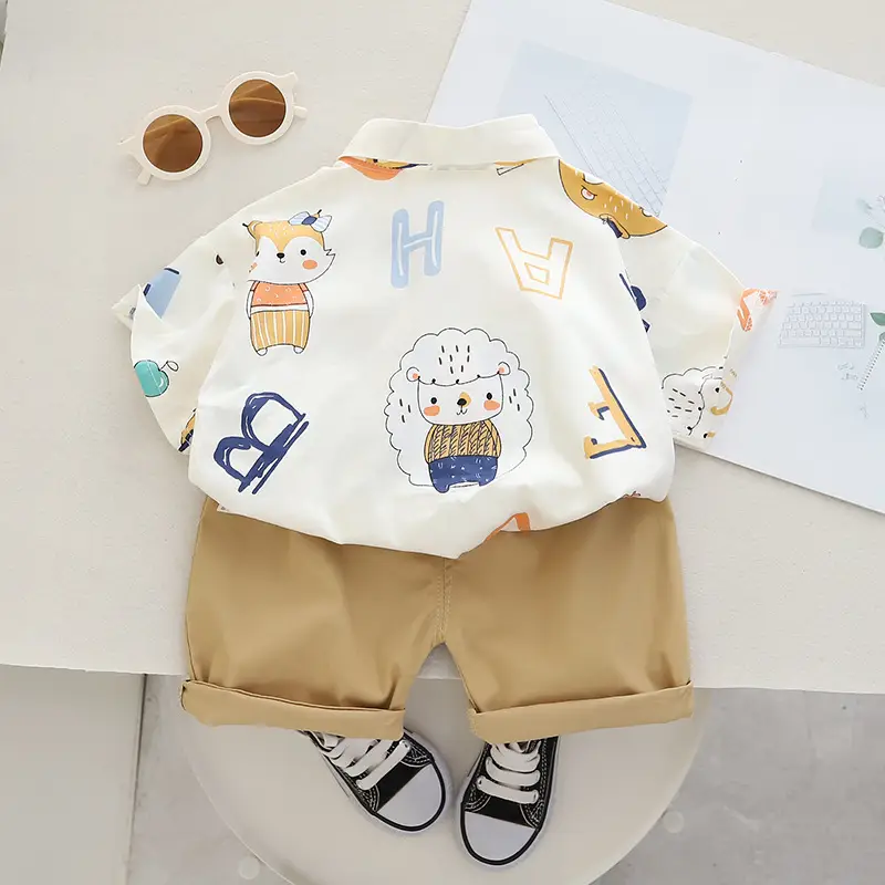 Kids Cotton T-Shirt Shorts Set Summer Blue Brown — feature 8