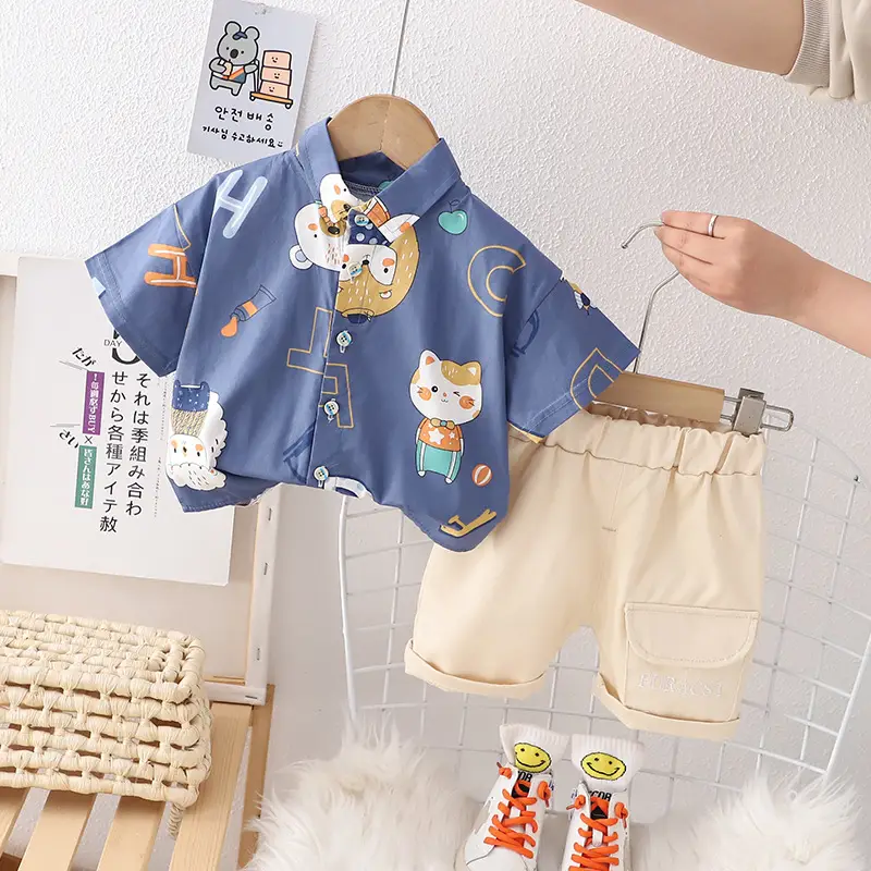 Kids Cotton T-Shirt Shorts Set Summer Blue Brown