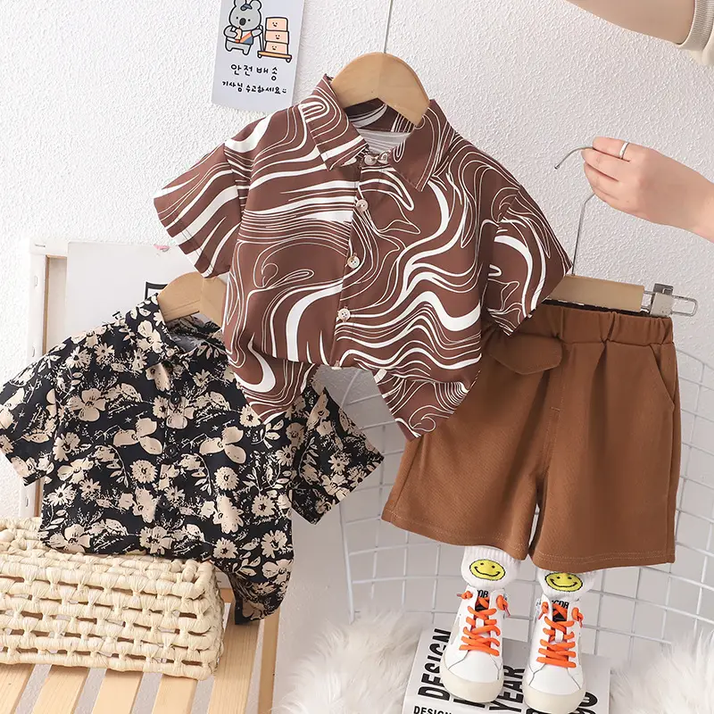 Brown Striped Cotton Shorts Suit for Boys Summer - Image 3
