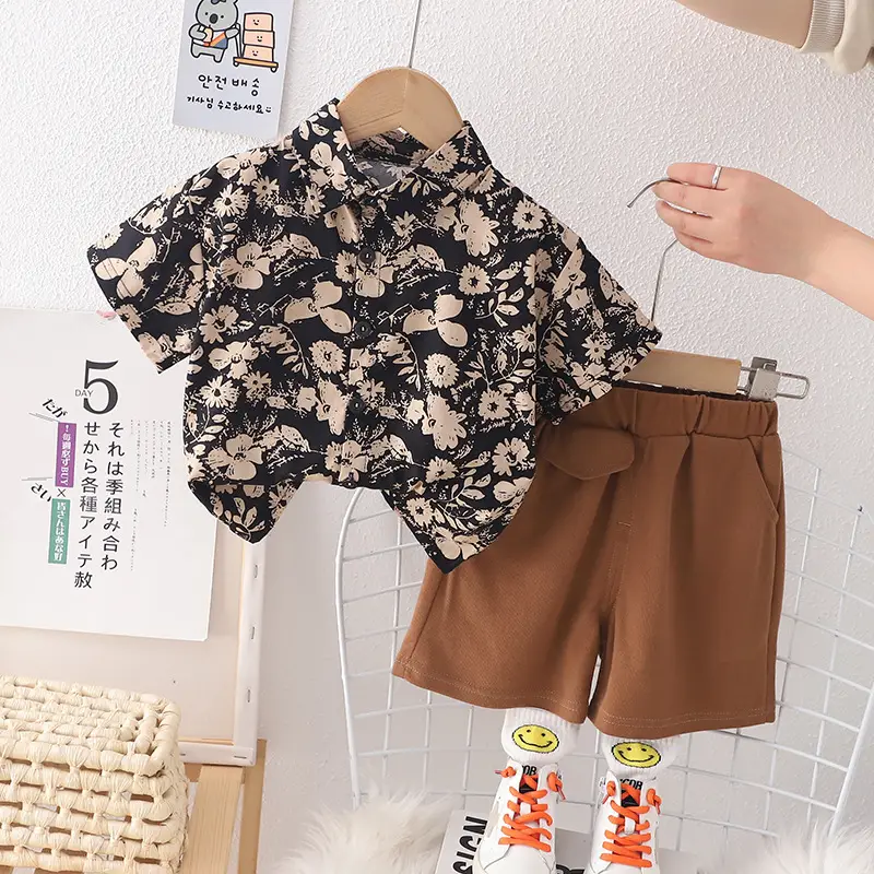 Brown Striped Cotton Shorts Suit for Boys Summer - Image 4