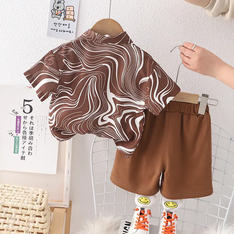 Brown Striped Cotton Shorts Suit for Boys Summer - Image 6