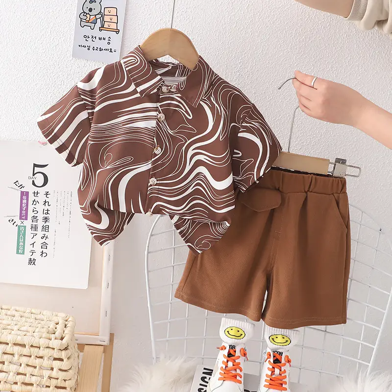 Brown Striped Cotton Shorts Suit for Boys Summer - Image 2