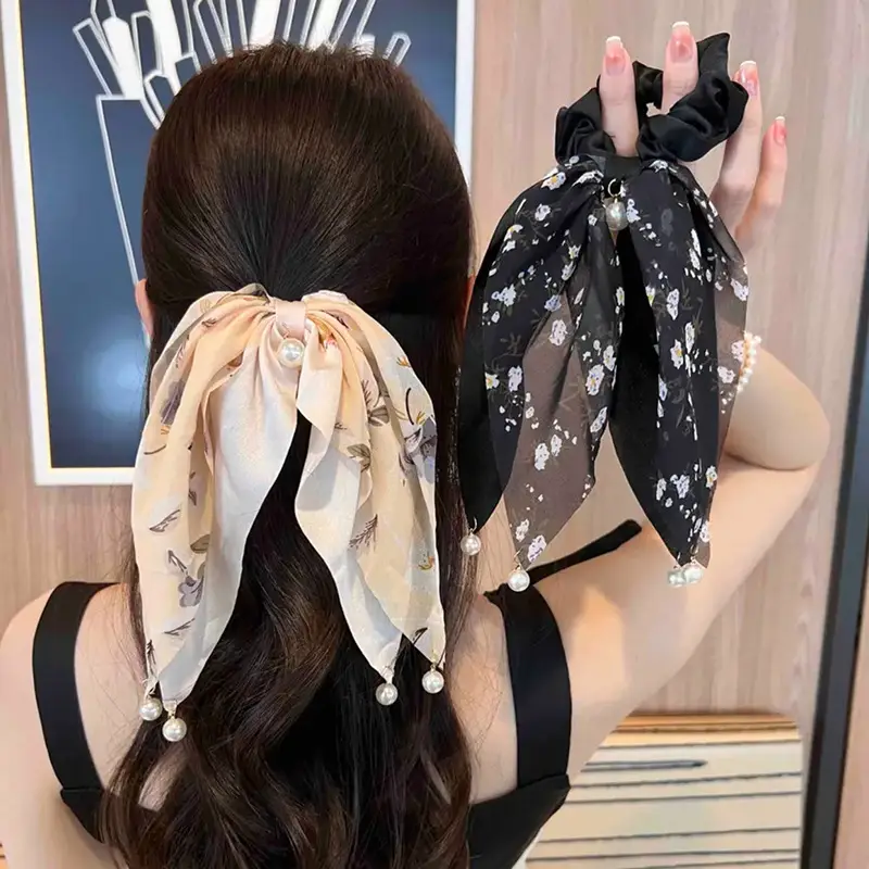 帮手主图-黑色碎花飘带蝴蝶结发圈女绑发扎马尾气质丝巾吊坠头饰