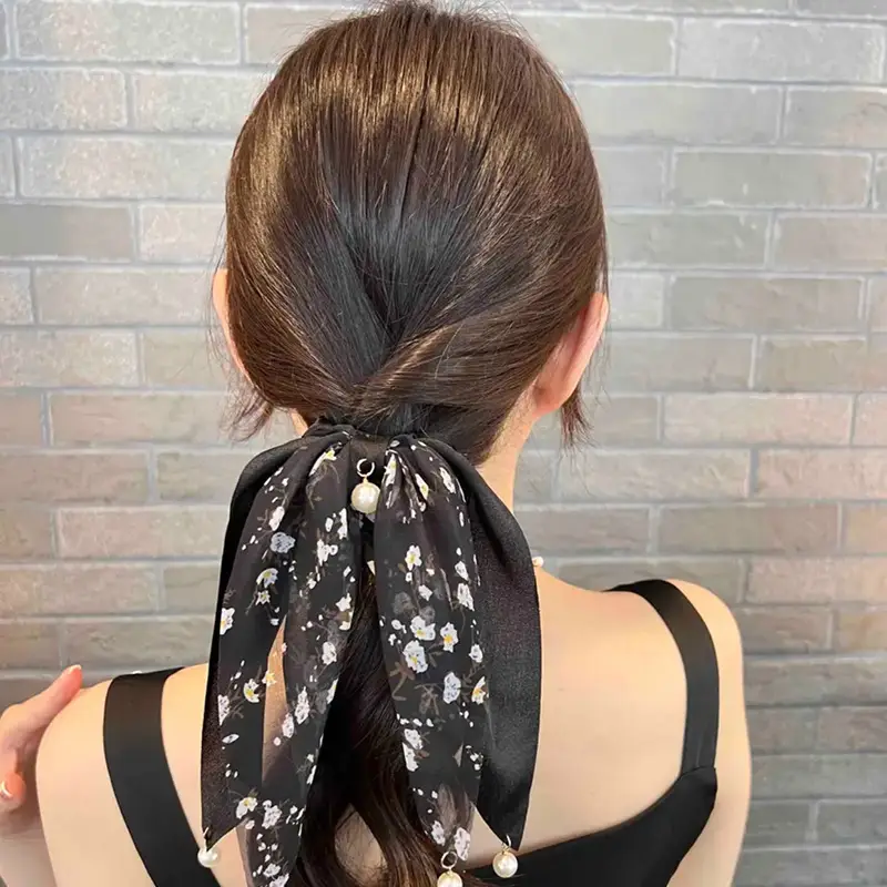 帮手主图-黑色碎花飘带蝴蝶结发圈女绑发扎马尾气质丝巾吊坠头饰
