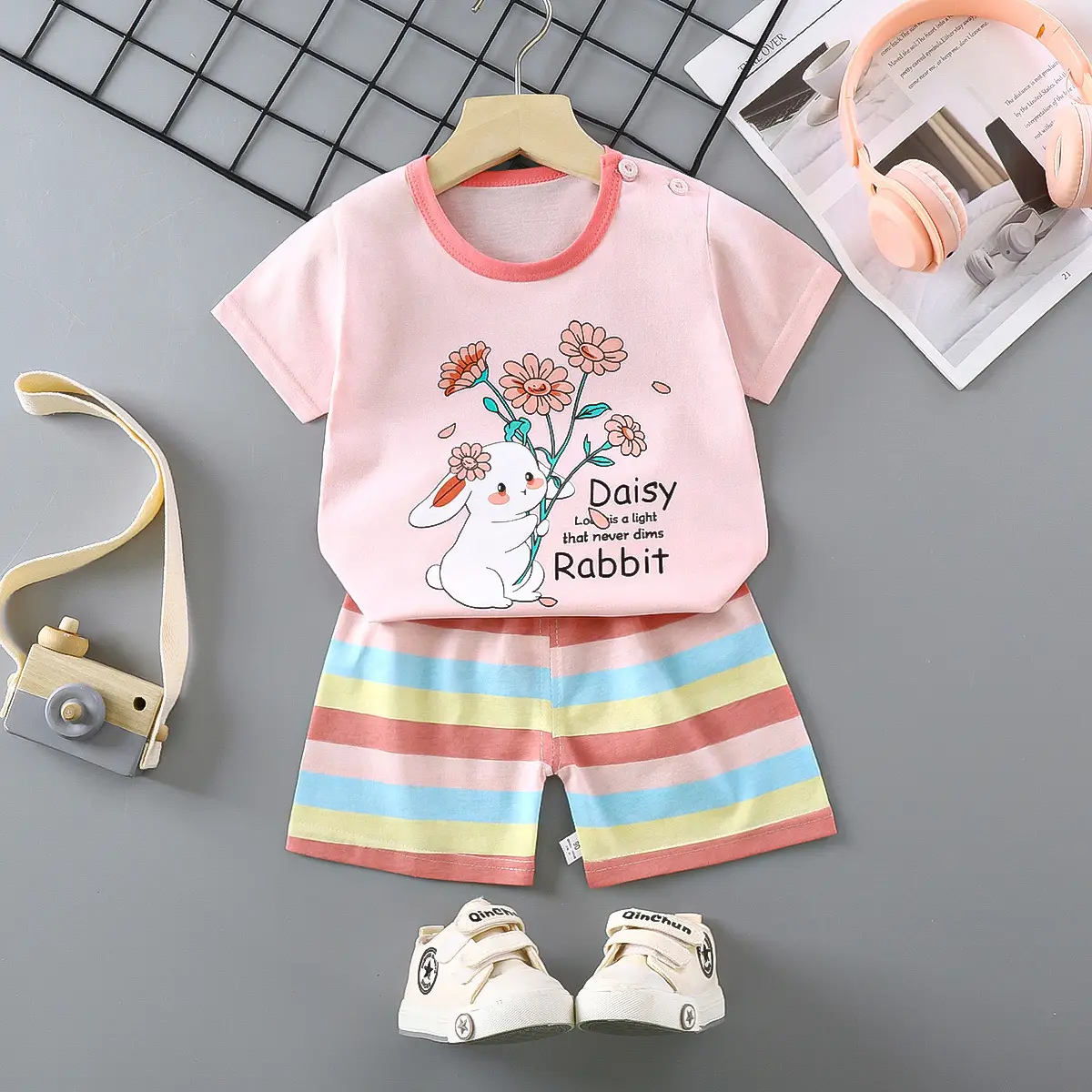 Girls Cotton Short Sleeve T-Shirt & Shorts Set Pink