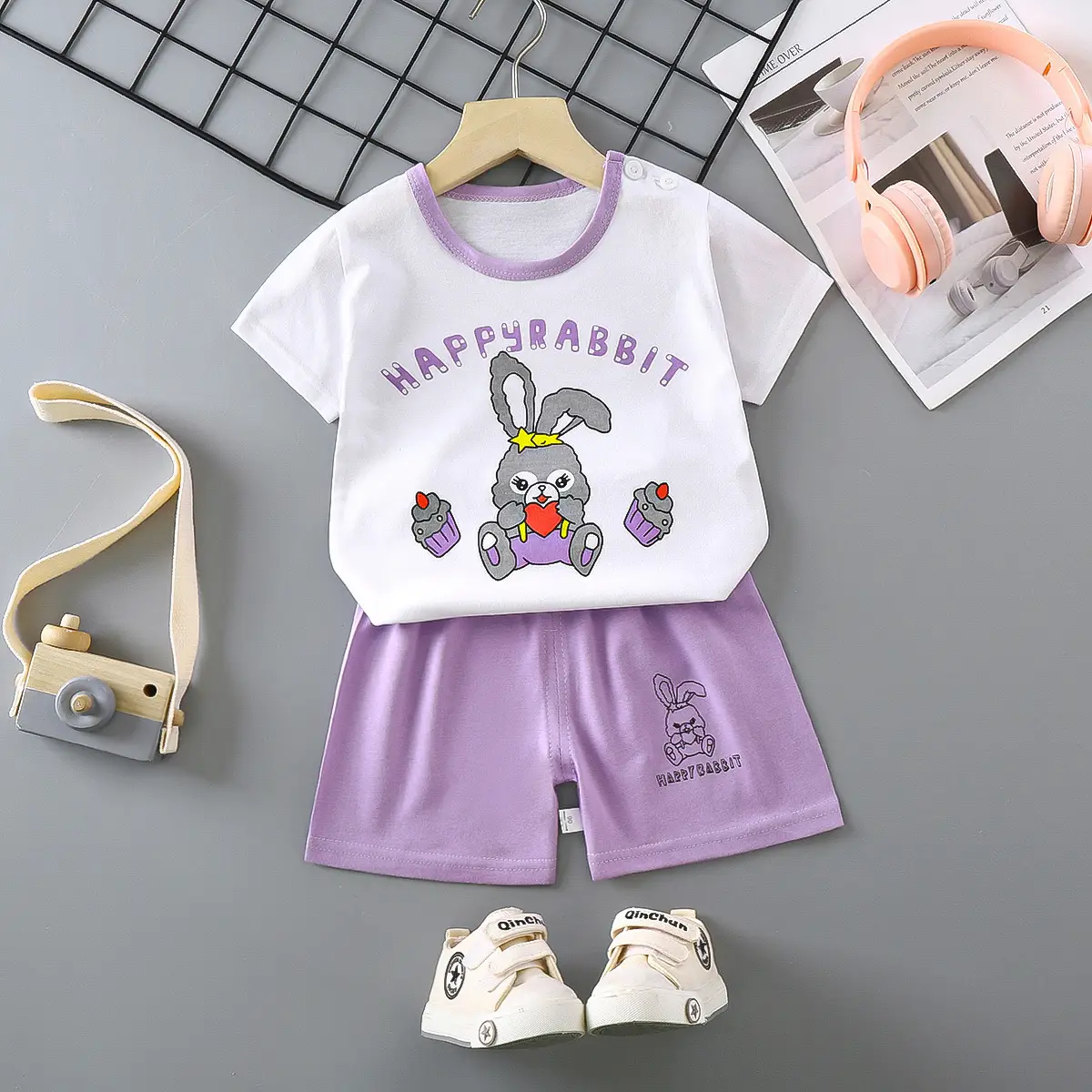Girls Cotton Short Sleeve T-Shirt & Shorts Set Pink