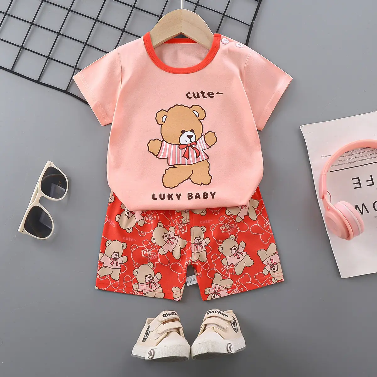 Girls Cotton Short Sleeve T-Shirt & Shorts Set Pink