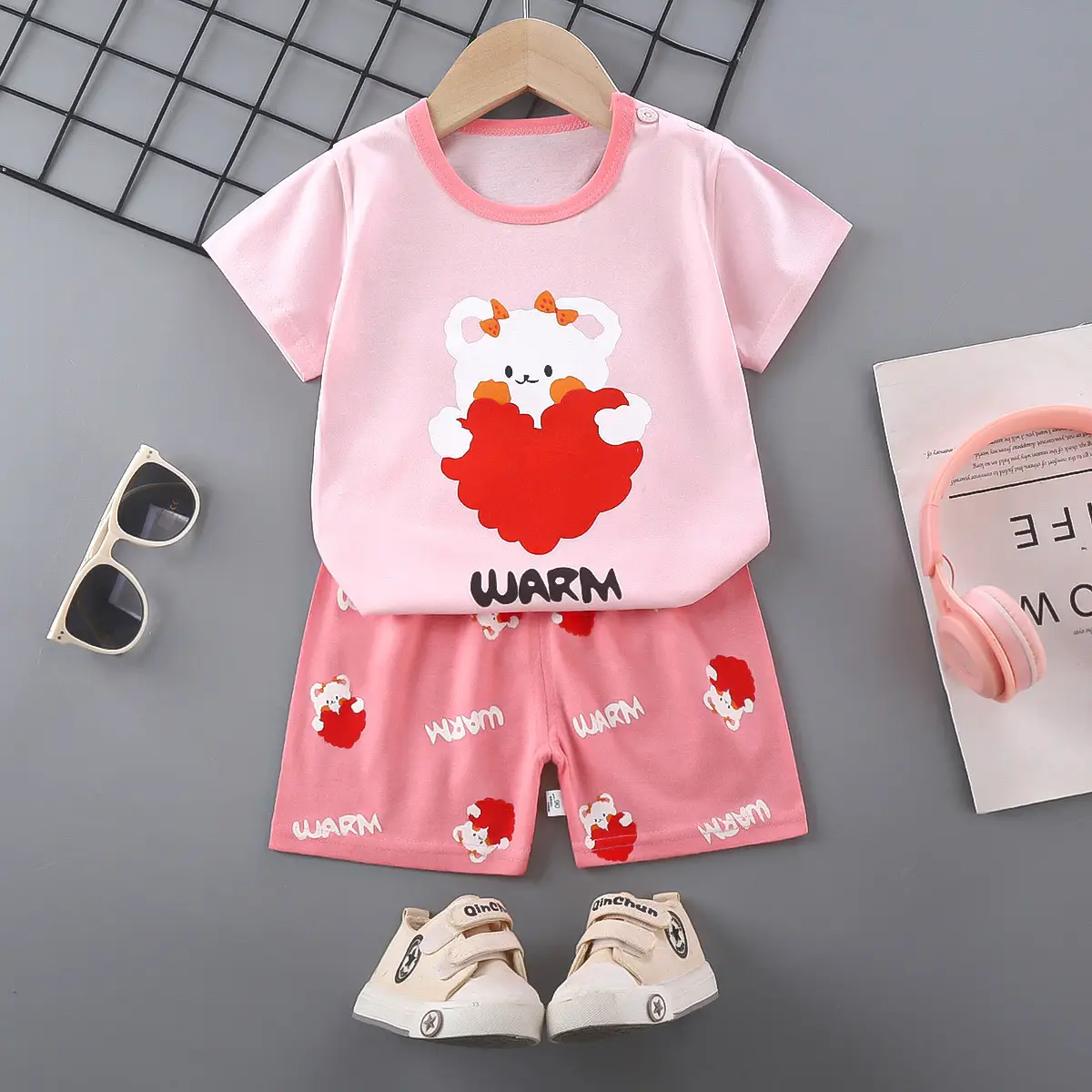Girls Cotton Short Sleeve T-Shirt & Shorts Set Pink