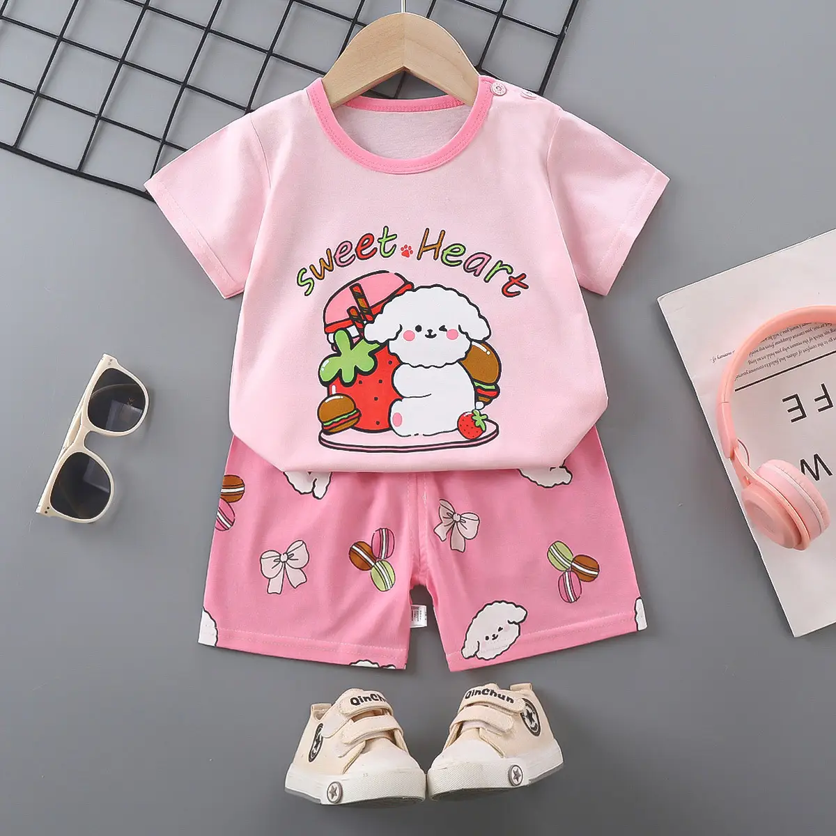 Girls Cotton Short Sleeve T-Shirt & Shorts Set Pink