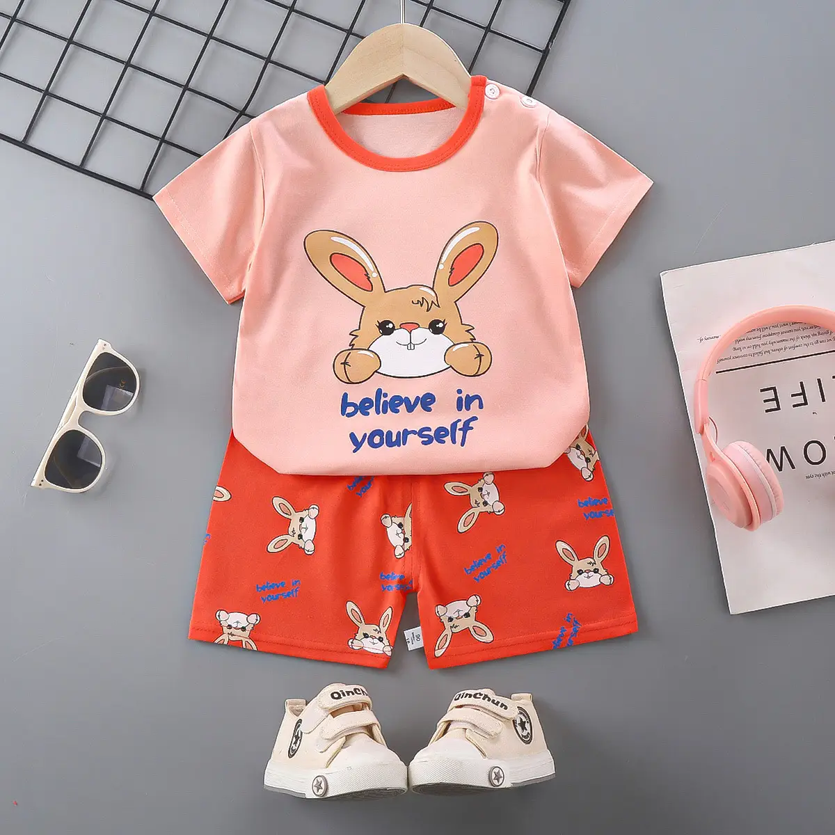 Girls Cotton Short Sleeve T-Shirt & Shorts Set Pink