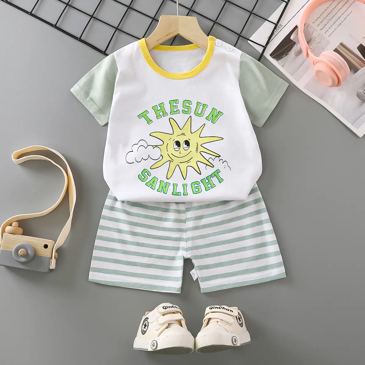 Girls Cotton Short Sleeve T-Shirt & Shorts Set Pink