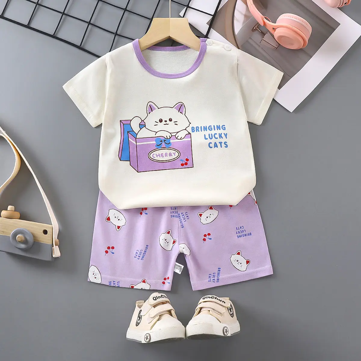 Girls Cotton Short Sleeve T-Shirt & Shorts Set Pink