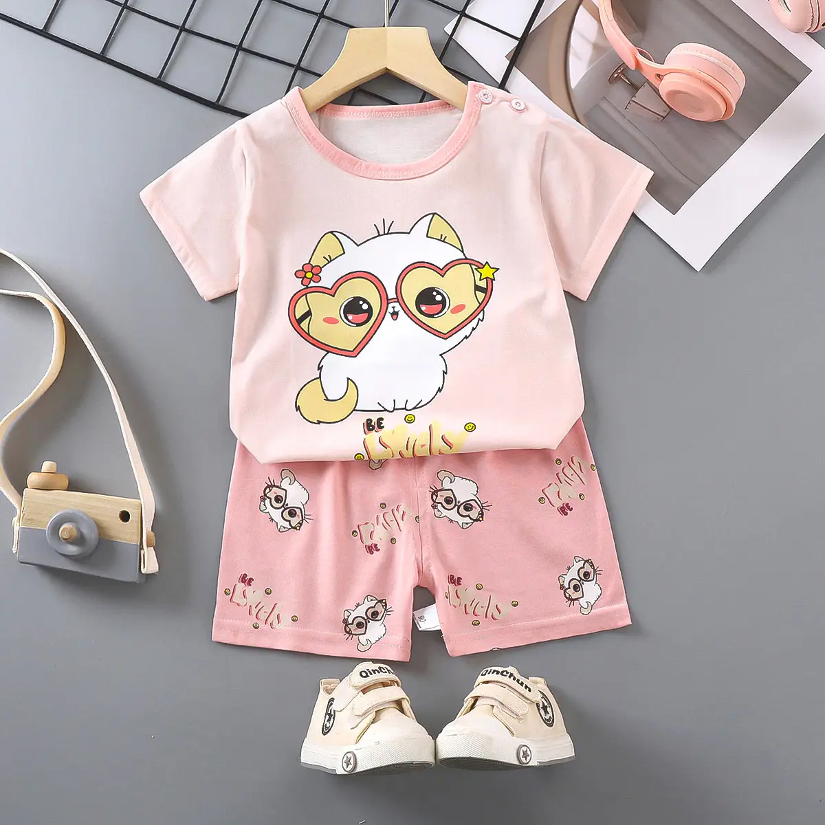 Girls Cotton Short Sleeve T-Shirt & Shorts Set Pink