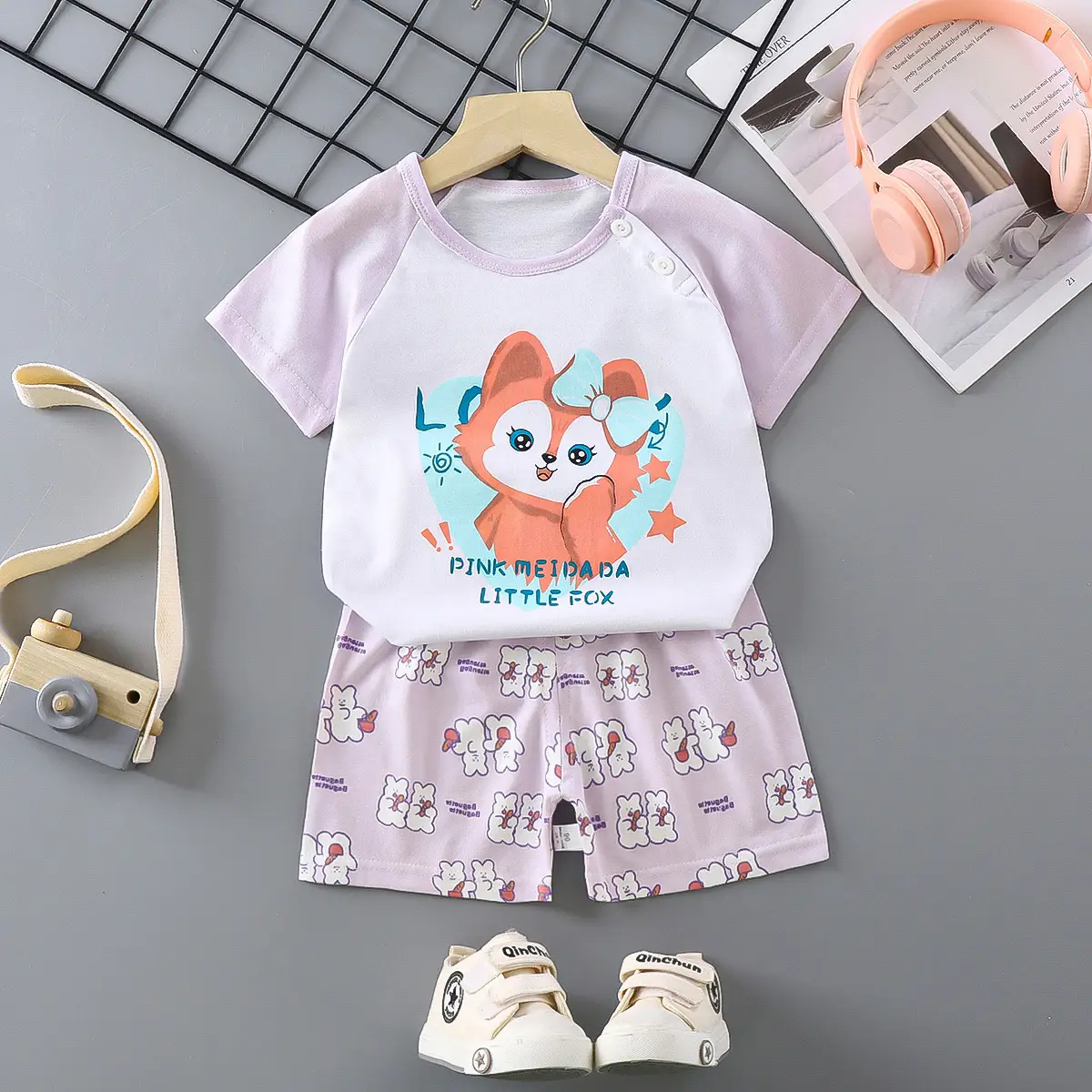 Girls Cotton Short Sleeve T-Shirt & Shorts Set Pink