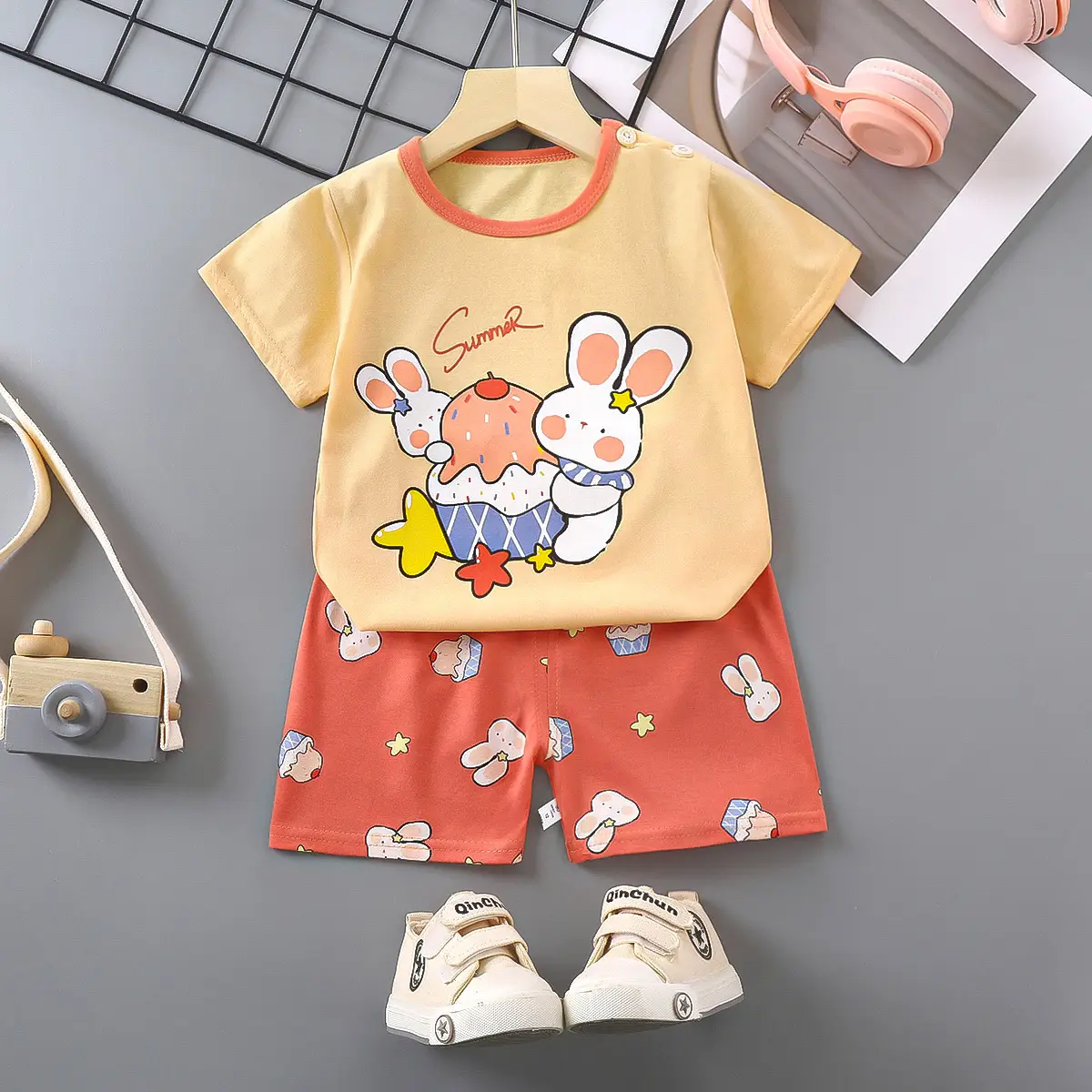 Girls Cotton Short Sleeve T-Shirt & Shorts Set Pink