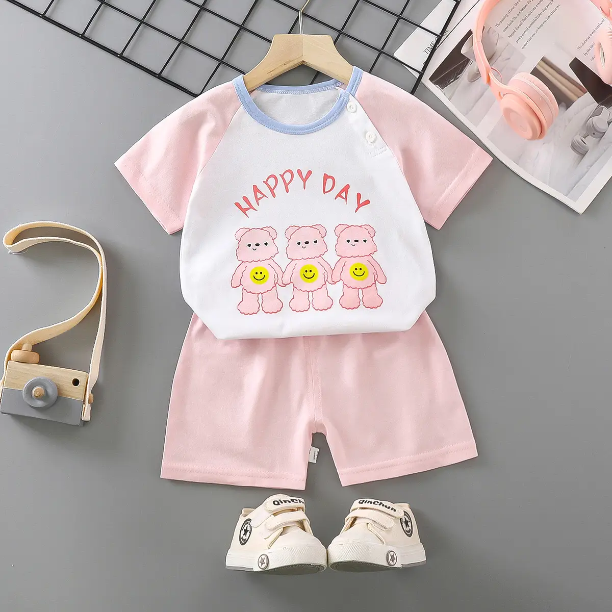Girls Cotton Short Sleeve T-Shirt & Shorts Set Pink