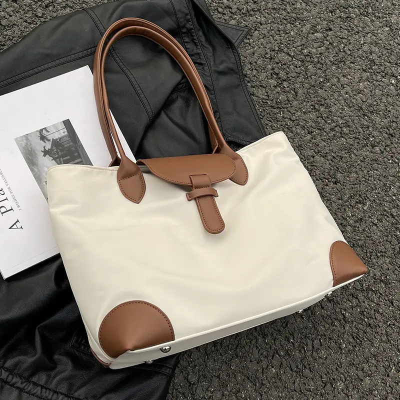 Women's Large Capacity Shoulder Bag Cream Brown Leather - Image 6