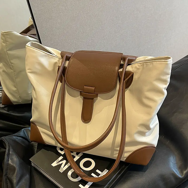 Women's Large Capacity Shoulder Bag Cream Brown Leather - Image 7