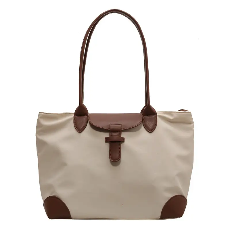 Women's Large Capacity Shoulder Bag Cream Brown Leather - Image 9