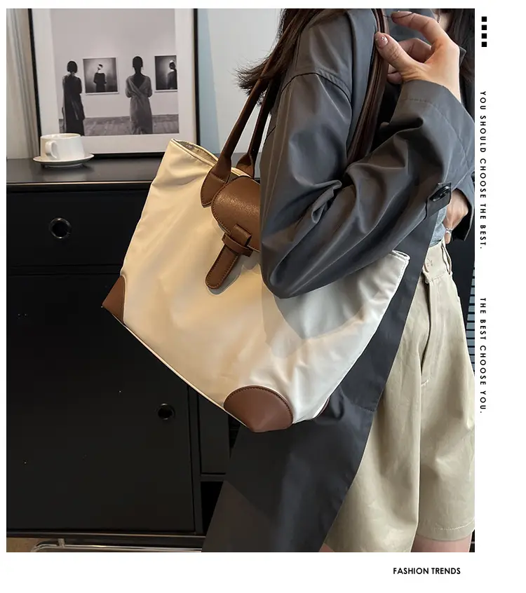 Women's Large Capacity Shoulder Bag Cream Brown Leather — feature 1