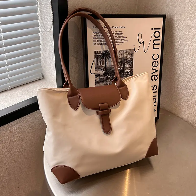 Women's Large Capacity Shoulder Bag Cream Brown Leather - Image 2