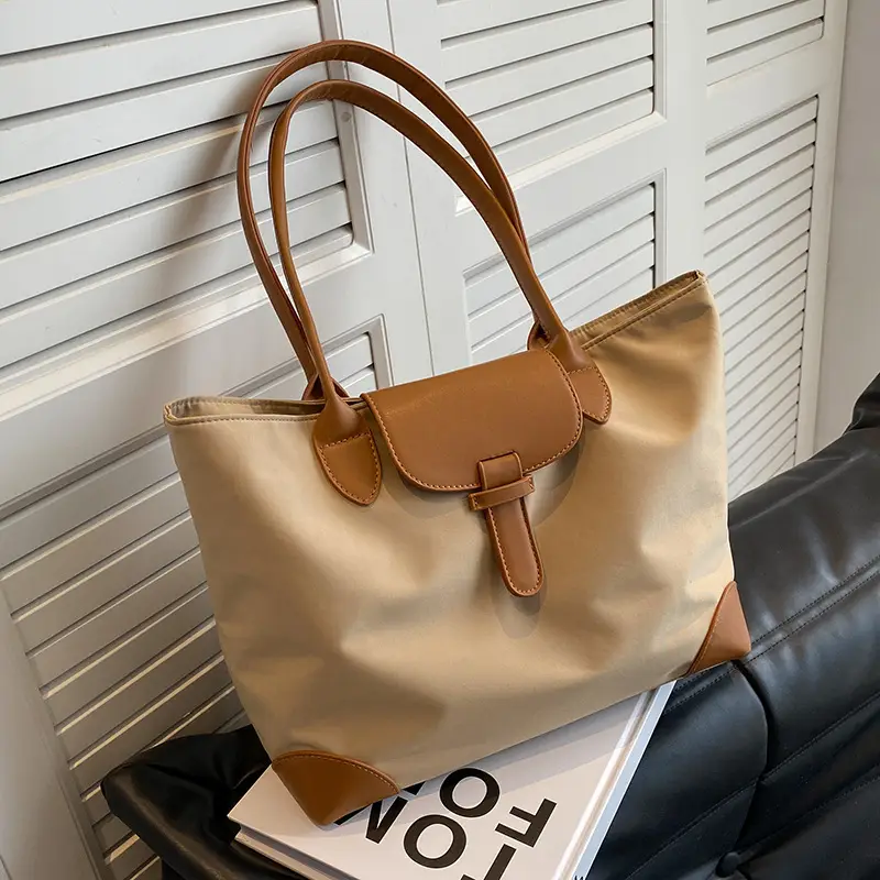 Women's Large Capacity Shoulder Bag Cream Brown Leather - Image 3