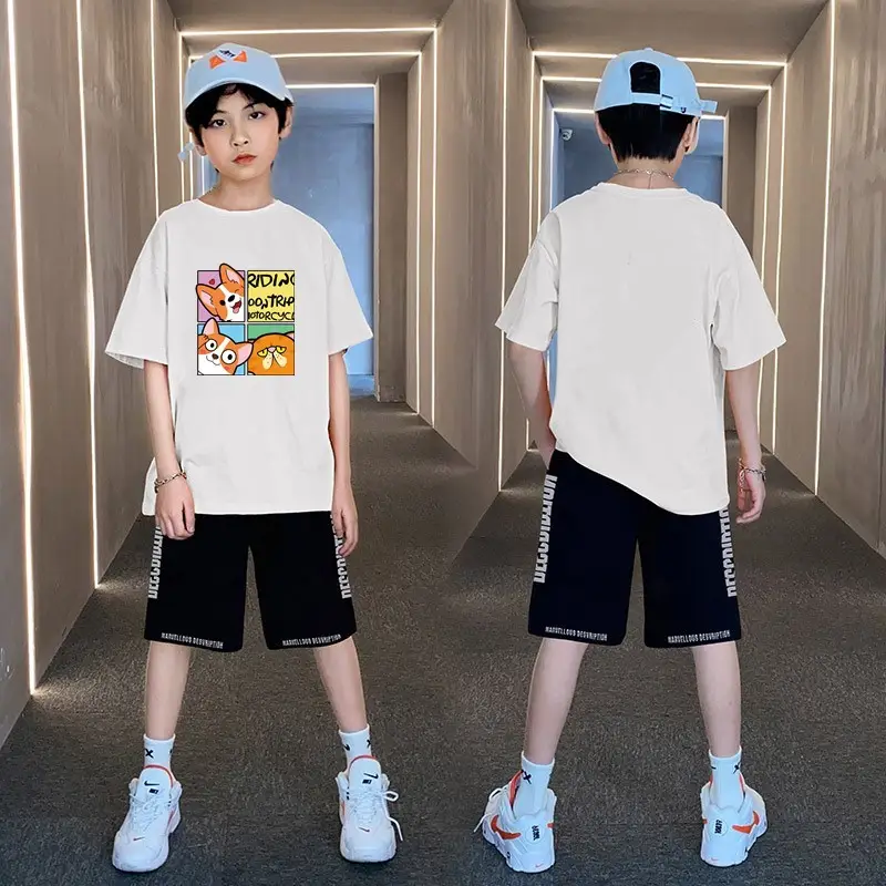 Boys Orange Cartoon Shorts Set Summer Cotton - Image 4