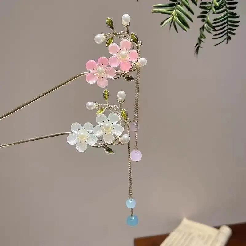 New Chinese Peach Blossom Tassel Hairpin Women's Retro Back Head Plate Hair Clasp Flower Hair Hairpin Headwear Accessories Wholesale - Image 6