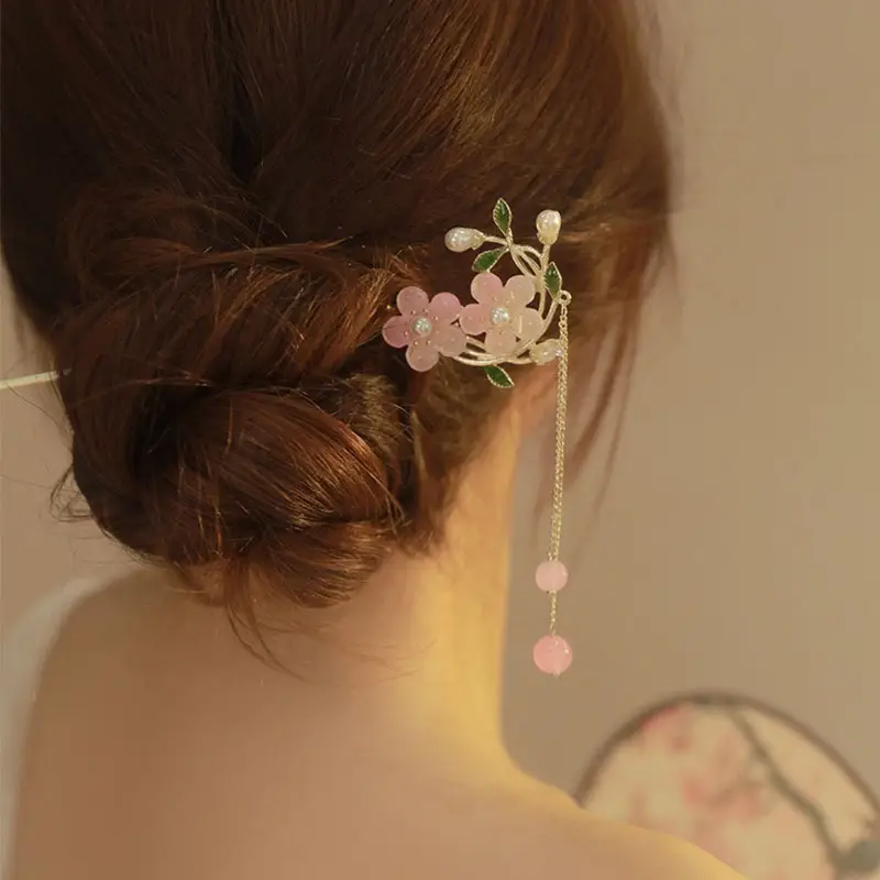 New Chinese Peach Blossom Tassel Hairpin Women's Retro Back Head Plate Hair Clasp Flower Hair Hairpin Headwear Accessories Wholesale — feature 4