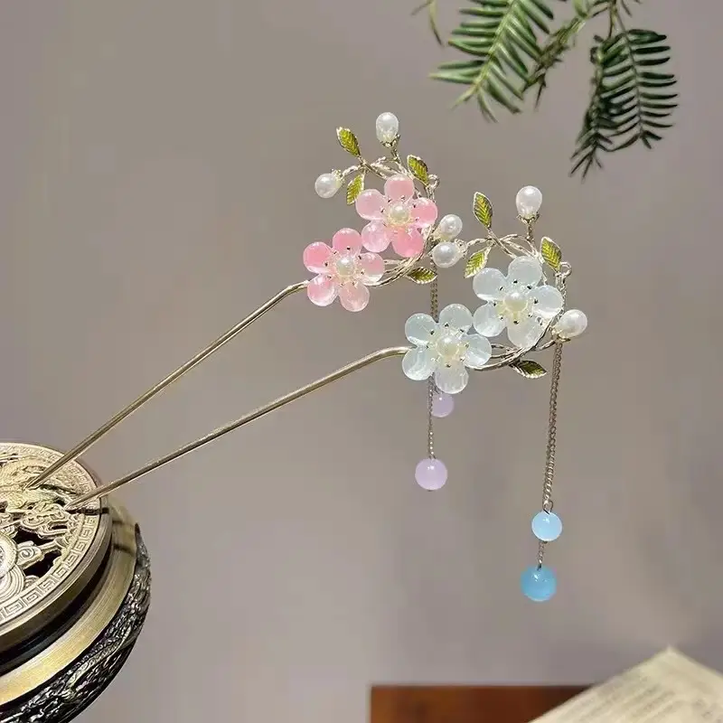 New Chinese Peach Blossom Tassel Hairpin Women's Retro Back Head Plate Hair Clasp Flower Hair Hairpin Headwear Accessories Wholesale — feature 5