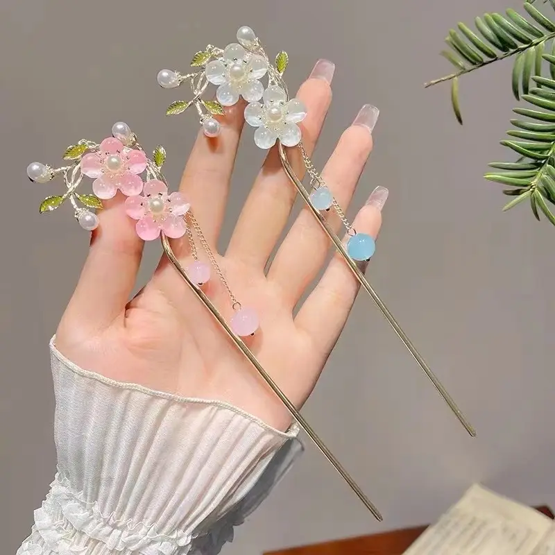New Chinese Peach Blossom Tassel Hairpin Women's Retro Back Head Plate Hair Clasp Flower Hair Hairpin Headwear Accessories Wholesale — feature 6