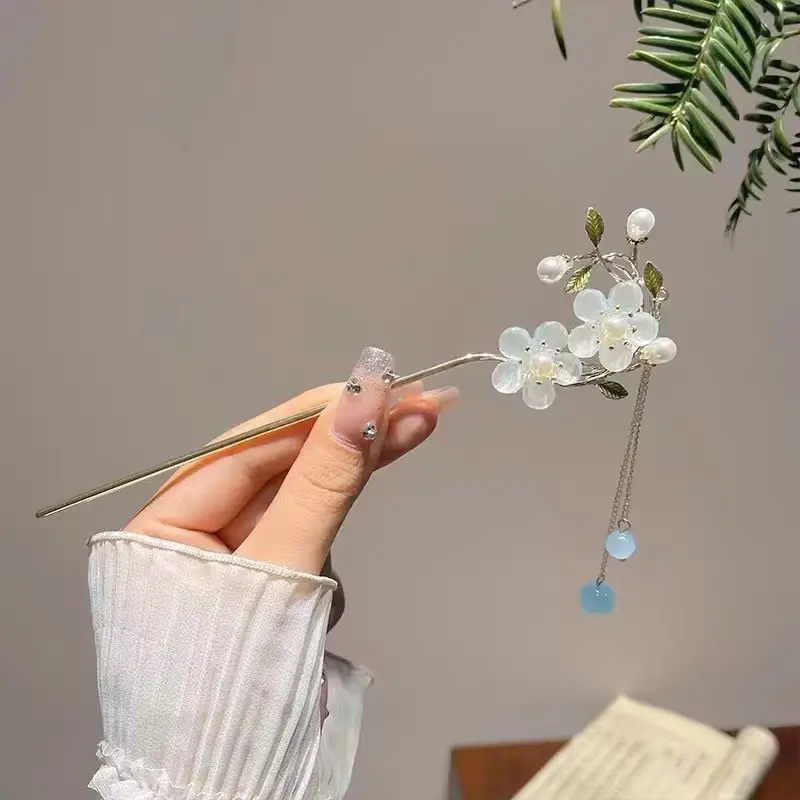 New Chinese Peach Blossom Tassel Hairpin Women's Retro Back Head Plate Hair Clasp Flower Hair Hairpin Headwear Accessories Wholesale - Image 2