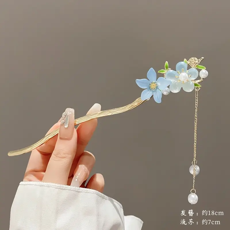 New Chinese Peach Blossom Tassel Hairpin Women's Retro Back Head Plate Hair Clasp Flower Hair Hairpin Headwear Accessories Wholesale - Image 3