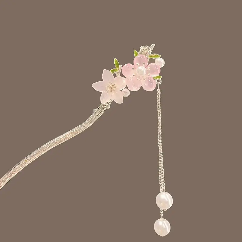 New Chinese Peach Blossom Tassel Hairpin Women's Retro Back Head Plate Hair Clasp Flower Hair Hairpin Headwear Accessories Wholesale - Image 4
